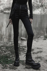 Black Functional Tooling Style Pocket Belt Trim V-Shaped Split Zipper Women's Punk Trousers